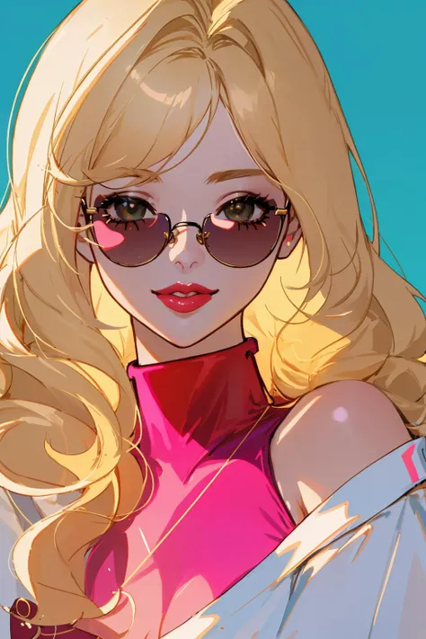 8K, Masterpiece, highres, absurdres,
edgBardot_hairstyle,smiling, puffy lips, red lipstick, parted lips, blonde Nadia with sunglasses and a choker, off shoulder, turtleneck
<lora:edgBardot:0.5> <lora:Nadia:0.35>