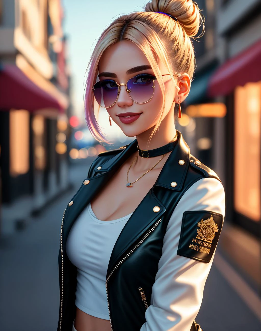 4K, Masterpiece, highres, absurdres,natural volumetric lighting and best shadows, deep depth of field, sharp focus, smiling,soft delicate beautiful attractive face,
Nadia with sunglasses and a choker,leather jacket, breasts, smile, bicolor hair, two-tone hair, makeup, lipstick, with a edgLevitating_hairstyle,multicolor hair,top knot,
, cowboy shot, walking in the street,
<lora:edgLevitating:0.6> <lora:Nadia:0.35>