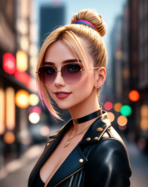 4K, Masterpiece, highres, absurdres,natural volumetric lighting and best shadows, deep depth of field, sharp focus, smiling,soft delicate beautiful attractive face,
Nadia with sunglasses and a choker,leather jacket, breasts, smile, bicolor hair, two-tone hair, makeup, lipstick, with a edgLevitating_hairstyle,multicolor hair,top knot,
, cowboy shot, walking in the street,
<lora:edgLevitating:0.5> <lora:Nadia:0.35>