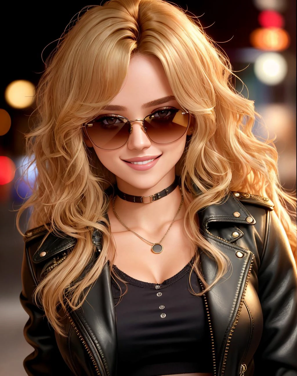 4K, Masterpiece, highres, absurdres,natural volumetric lighting and best shadows, deep depth of field, sharp focus, smiling,soft delicate beautiful attractive face, blonde Nadia with sunglasses and a choker, leather jacket, miniskirt,parted lips, smile, with a edgWavy_hairstyle posing for a picture,wavy hair, cowboy shot,<lora:Nadia:0.3>
<lora:edgWavy:1>