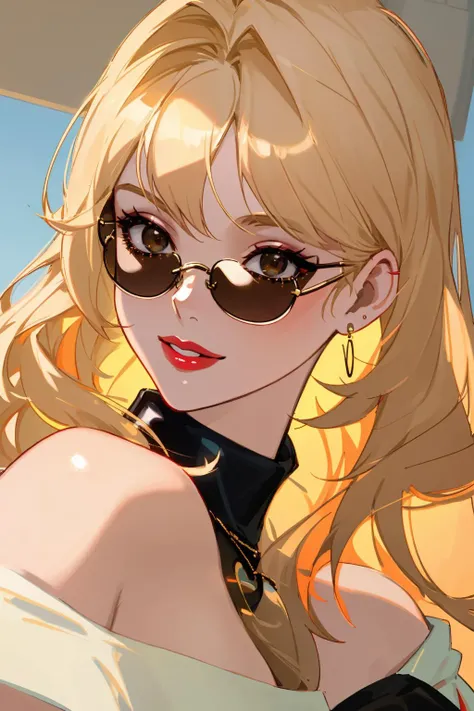 8K, Masterpiece, highres, absurdres,
edgBardot_hairstyle,smiling, puffy lips, red lipstick, parted lips, blonde Nadia with sunglasses and a choker, off shoulder, turtleneck
<lora:edgBardot:0.5> <lora:Nadia:0.35>