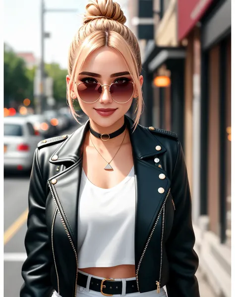 4K, Masterpiece, highres, absurdres,natural volumetric lighting and best shadows, deep depth of field, sharp focus, smiling,soft delicate beautiful attractive face,
Nadia with sunglasses and a choker,leather jacket, smile, bicolor hair, two-tone hair, makeup, lipstick, with a edgLevitating_hairstyle,top knot,
, cowboy shot, walking in the street,
<lora:edgLevitating:0.5> <lora:Nadia:0.35>