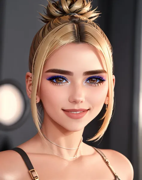 4K, Masterpiece, highres, absurdres,natural volumetric lighting and best shadows, deep depth of field, sharp focus, smiling,soft delicate beautiful attractive face,
Nadia with sunglasses and a choker,leather jacket, smile, bicolor hair, two-tone hair, makeup, lipstick, with a edgLevitating_hairstyle,top knot,
, cowboy shot, walking in the street,
<lora:edgLevitating:0.9> <lora:Nadia:0.35>