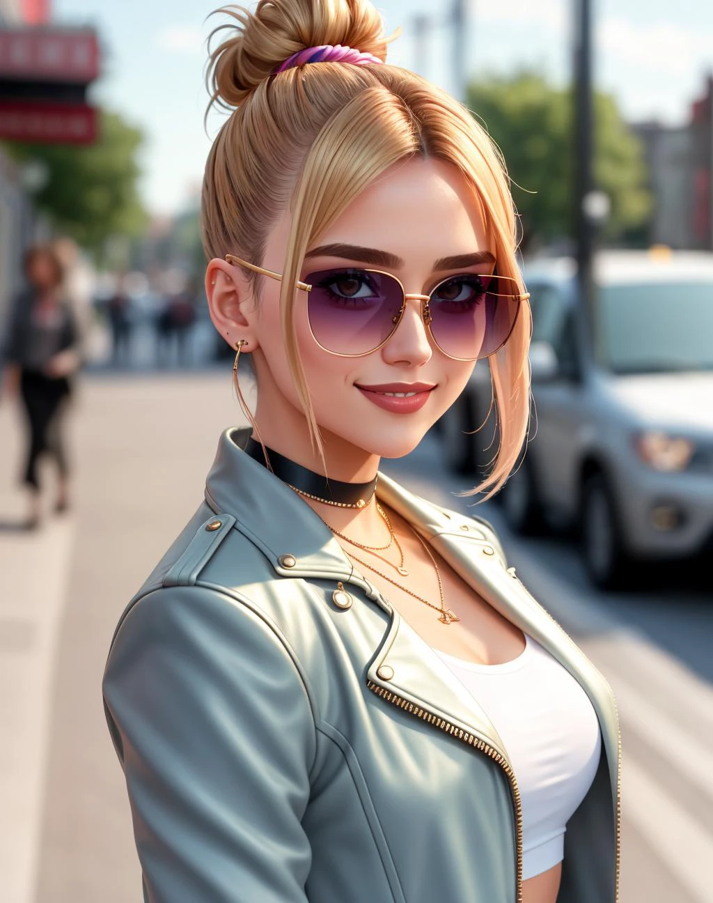 4K, Masterpiece, highres, absurdres,natural volumetric lighting and best shadows, deep depth of field, sharp focus, smiling,soft delicate beautiful attractive face,
Nadia with sunglasses and a choker,leather jacket, smile, bicolor hair, two-tone hair, makeup, lipstick, with a edgLevitating_hairstyle,top knot,
, cowboy shot, walking in the street,
<lora:edgLevitating:0.5> <lora:Nadia:0.35>