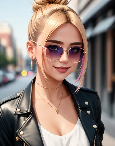 4K, Masterpiece, highres, absurdres,natural volumetric lighting and best shadows, deep depth of field, sharp focus, smiling,soft delicate beautiful attractive face,
Nadia with sunglasses and a choker,leather jacket, breasts, smile, bicolor hair, two-tone hair, makeup, lipstick, with a edgLevitating_hairstyle,multicolor hair,top knot,
, cowboy shot, walking in the street,
<lora:edgLevitating:0.6> <lora:Nadia:0.35>