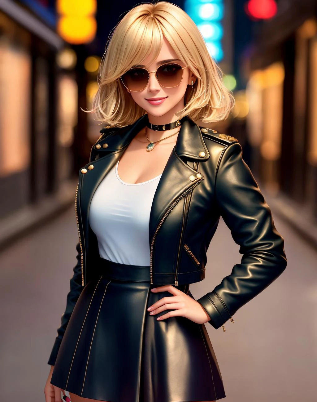 4K, Masterpiece, highres, absurdres,natural volumetric lighting and best shadows, deep depth of field, sharp focus, smiling,soft delicate beautiful attractive face,
blonde Nadia with sunglasses and a choker, leather jacket, miniskirt,parted lips, smile,
with an edgBobCut_hairstyle posing for a picture in a dress,
cowboy shot,<lora:Nadia:0.3> <lora:edgBobCut:1>