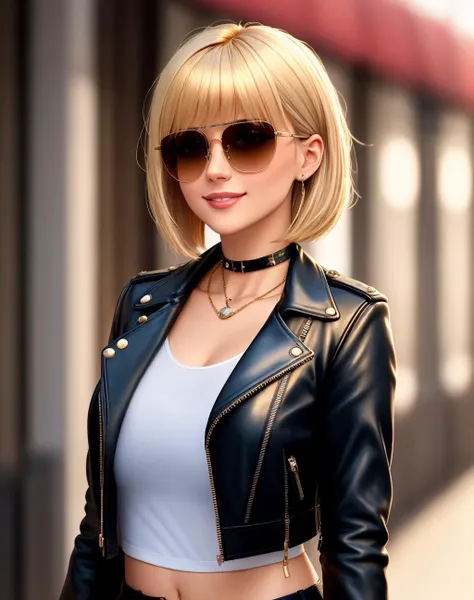 4K, Masterpiece, highres, absurdres,natural volumetric lighting and best shadows, deep depth of field, sharp focus, smiling,soft delicate beautiful attractive face,
blonde Nadia with sunglasses and a choker, leather jacket, miniskirt,parted lips, smile,
with an edgBobCut_hairstyle posing for a picture, blunt bangs,
cowboy shot,<lora:Nadia:0.3> <lora:edgBobCut:1>