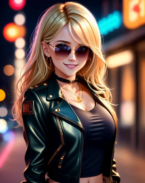 4K, Masterpiece, highres, absurdres,natural volumetric lighting and best shadows, deep depth of field, sharp focus, smiling,soft delicate beautiful attractive face, blonde Nadia with sunglasses and a choker, leather jacket, miniskirt,parted lips, smile, with a edgWavy_hairstyle posing for a picture,wavy hair, cowboy shot,<lora:Nadia:0.7> 
 <lora:edgWavy:0.3>