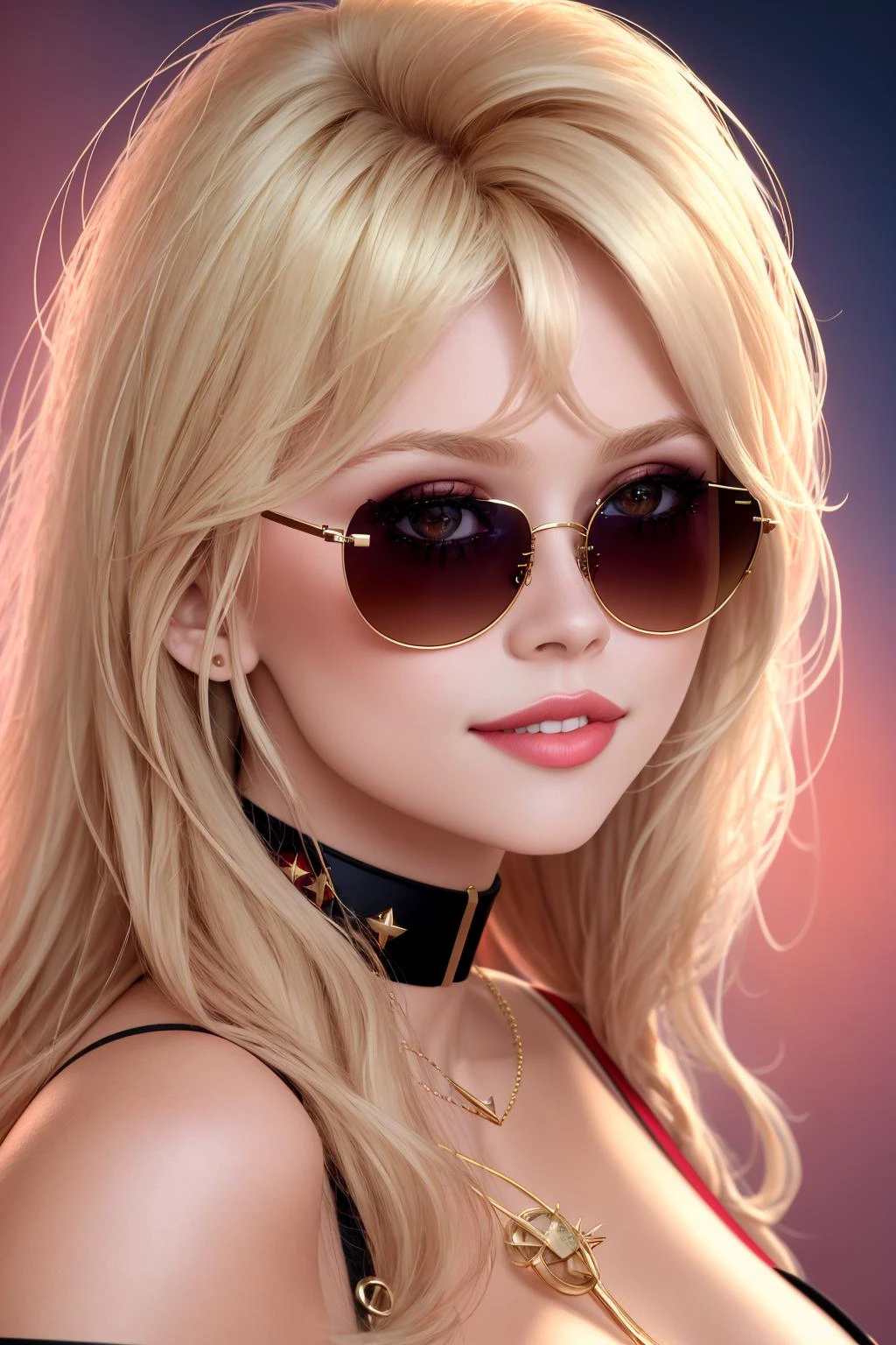 8K, Masterpiece, highres, absurdres,
edgBardot_hairstyle,smiling, puffy lips, red lipstick, parted lips, blonde Nadia with sunglasses and a choker, off shoulder, turtleneck
<lora:edgBardot:0.75> <lora:Nadia:0.35>