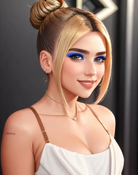 4K, Masterpiece, highres, absurdres,natural volumetric lighting and best shadows, deep depth of field, sharp focus, smiling,soft delicate beautiful attractive face,
Nadia with sunglasses and a choker,leather jacket, breasts, smile, bicolor hair, two-tone hair, makeup, lipstick, with a edgLevitating_hairstyle,multicolor hair,top knot,
, cowboy shot, walking in the street,
<lora:edgLevitating:1> <lora:Nadia:0.35>