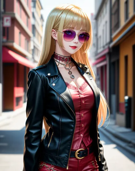 4K, Masterpiece, highres, absurdres,with a edgHimeCut hairstyle, 1girl, solo, blonde Nadia with sunglasses, a choker, a leather jacket,long hair, bangs, smiling, parted lips, cowboy shot, walking in the street, lips, looking to the side, looking away, <lora:edgHimeCut:1> <lora:Nadia:0.3>