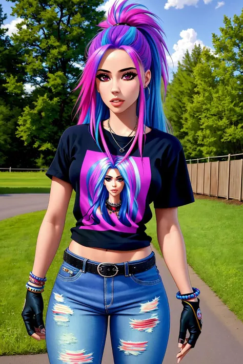 4K, Masterpiece, highres, absurdres,with a edgScene hairstyle, 1girl, solo, long hair, shirt, gloves, jewelry, standing, purple hair, multicolored hair, outdoors, belt, pants, bracelet, two-tone hair, torn clothes, denim, t-shirt, realistic, torn pants
 <lora:EDGHAIRSALON_edgScene:0.75>