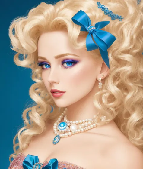 4K, Masterpiece, highres, absurdres,
1girl, solo, looking at viewer, blue eyes, blonde hair, ribbon, jewelry, hair ribbon, necklace, makeup, lipstick, portrait, eyeshadow, curly hair, realistic, pearl necklace, with edgMarquise hairstyle,cowboy shot
<lora:edgMarquise:0.6>