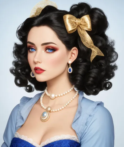4K, Masterpiece, highres, absurdres,
1girl, solo, looking at viewer, blue eyes, black hair, ribbon, jewelry, hair ribbon, necklace, makeup, lipstick,  eyeshadow, curly hair, realistic, pearl necklace, with edgMarquise hairstyle,cowboy shot
<lora:edgMarquise:0.7>