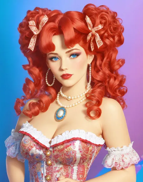 4K, Masterpiece, highres, absurdres,
1girl, solo, looking at viewer, blue eyes, red hair, ribbon, jewelry, hair ribbon, necklace, makeup, lipstick, eyeshadow, curly hair, realistic, pearl necklace, with edgMarquise hairstyle,((cowboy shot))
<lora:edgMarquise:1>