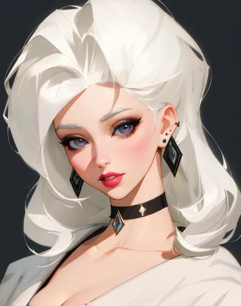 4K, Masterpiece, highres, absurdres,
1girl, solo, looking at viewer, simple background, white background, jewelry, white hair, earrings, teeth, choker, lips, grey eyes, makeup, lipstick, portrait, realistic, with edgMarquise hairstyle,((cowboy shot))
<lora:edgMarquise:0.8>