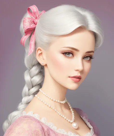 4K, Masterpiece, highres, absurdres,
1girl, solo, looking at viewer, simple background, gloves, dress, ribbon, jewelry, hair ribbon, braid, white hair, parted lips, necklace, grey eyes, makeup, pink background, portrait, lace, eyeshadow, realistic, pearl necklace, lace gloves, with edgMarquise hairstyle,face focus, face shot, portrait
<lora:edgMarquise:0.6>