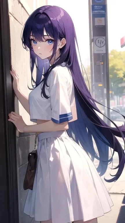 ((masterpiece)), ((best quality)), 1girl, medium skin tone, purple and blue hair, long hair, blue eyes, white skirt,