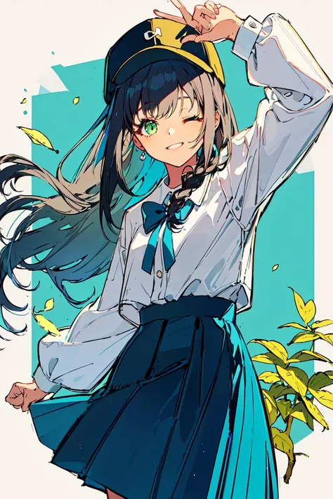 <lora:REDUM:0.8>1girl, solo, green eyes, one eye closed, hat, skirt, baseball cap, leaf, shirt, cowboy shot, looking at viewer, blue headwear, blue skirt, long sleeves, black hair, long hair, white shirt, braid, plant, arm up, hair bun