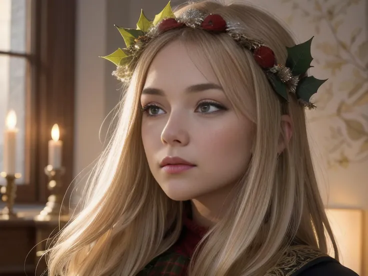 girl in revealing christmas outfit, green wreath holly on head, blonde hair, long hair, Scandinavia girl, (High Quality:1.4), (Best Quality:1.4), (masterpiece:1.4), 4k texture, lit fireplaces blazing merrily inside casting flickering shadows upon seasonally decorated rooms filled with festive paraphernalia typical of Yuletide festivities, (detailed:1.05), (extremely detailed:1.06), sharp focus, (intricate:1.03), (extremely intricate:1.04), low contrast, soft cinematic light, soothing tones, HDR, (Epic scenery:1.09), (beautiful scenery:1.08), (detailed scenery:1.08), (intricate scenery:1.07), (wonderful scenery:1.05),