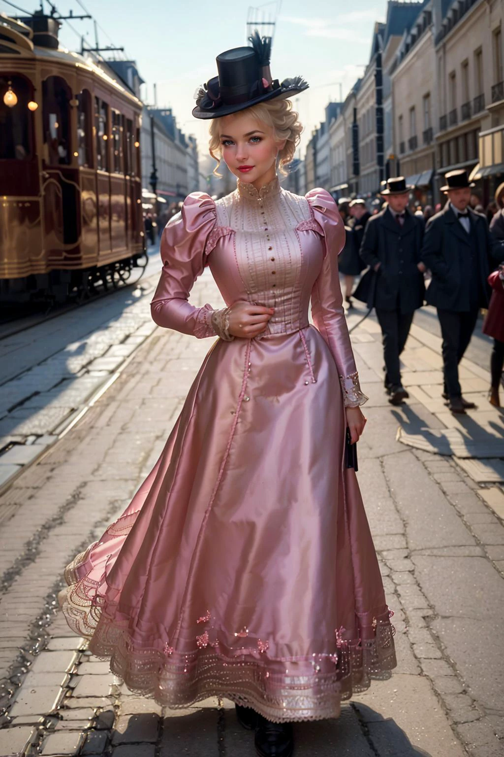 full body shot, 1890, Victorian style, S116_EmilieNereng wearing a high-neck layered dress, au courant blonde hairstyle, hat, on a bustling Parisian street, streetcars, horses, dynamic pose <lora:1890_dress_v1:1> pink 1890_dr3ss, Photorealistic, Hyperrealistic, Hyperdetailed, analog style, detailed skin, matte skin, soft lighting, subsurface scattering, realistic, heavy shadow, masterpiece, best quality, ultra realistic, 8k, Intricate, High Detail, film photography, soft focus