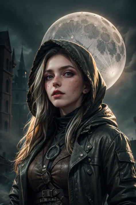 (masterpiece), (best quality:1.2), absurdres, intricate details, (highly detailed:1.2), dramatic lighting, <lora:add_detail_v5:1>
1 girl, adult (elven:0.7) woman, freckles, black eyes, silver long hair,
portrait, solo, half shot, looking up, detailed background, detailed face, (<lora:postapocalypseAI:0.4>, postapoAI, post-apocalyptic dark dystopian theme:1.1) vampire,  bloodthirsty, pale skin, vampire fangs, flowing [dark:green:5] clothes, hooded,       otherworldly aura,    dark castle in background,  moonlit sky,   fog,  eerie atmosphere,