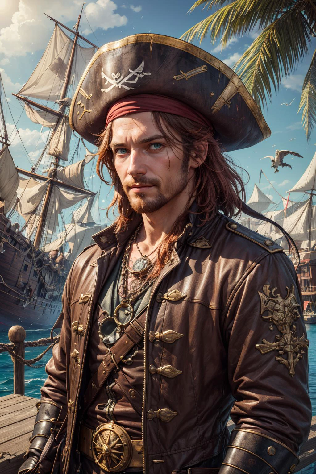 (masterpiece), (best quality:1.2), absurdres, intricate details, (highly detailed:1.2), <lora:add_detail_v5:1>
(1man, muscular adult swedish male:1.2), turquoise eyes, copper hair, straight hair,
<lora:CulturePunkBundle:0.3>, piratepunkai, skin, character focus, portrait, looking at viewer, solo, upper body, detailed background, sinister smile, outlaw, rich pirate captain outfit, tattoos, dark fantasy theme, high seas, wooden deck of a ship, cannonfire, gunpowder, flintlock pistol, flying debris, pirate battle, maelstrom, dark storm, raining, tropical beach, pirate hideout, docks, camp, palm trees, sand, peaceful, sunlight, loot, compass, treasure,