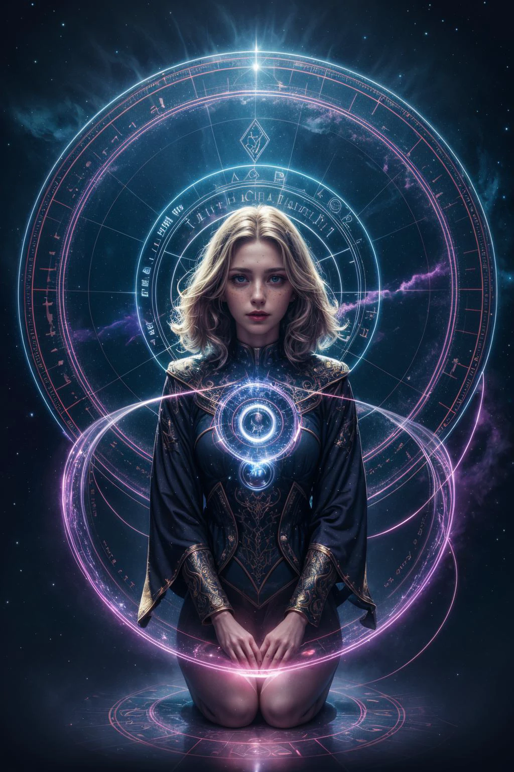 (masterpiece), (best quality:1.2), absurdres, intricate details, (highly detailed:1.2), dramatic lighting, <lora:add_detail_v5:1>
1 girl, adult woman, freckles, black eyes, gray blowout hair,
solo, (full body:0.6), looking down, detailed background, detailed face, (<lora:runemagic:0.4>, magic_circle, Rune_Magic theme:1.1) mentalist, psychic powers, mind control, hypnosis, psychomancy, clairvoyance, thought projection, mind portal, mind powers, concentric white psychic energy emanating, mysterious lighting, nebula in background, ethereal atmosphere,
<hypernet:sxzBloom_sxzBloom:0.2>,