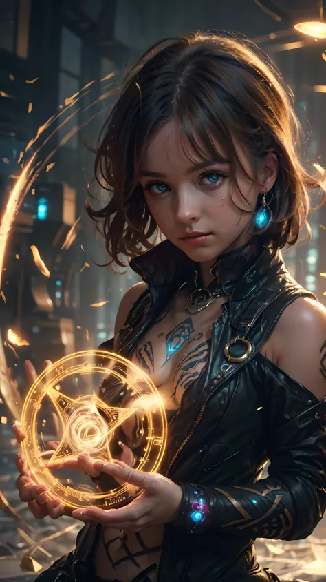 (AS-YoungerV2: 1.3), brunette girl, cute, short puffed out messy hair, afro hairstyle, light brown eyes, glowing eyes, tribal tattoos on skin, realistic, ((masterpiece)), ((best quality)), (detailed), cinematic, dynamic lighting, soft shadow, detailed background, professional photography, depth of field, intricate subsurface scattering, realistic hair,cyberwizard girl,magic circle<lora:Concept - Cyber Wizard:0.6>
