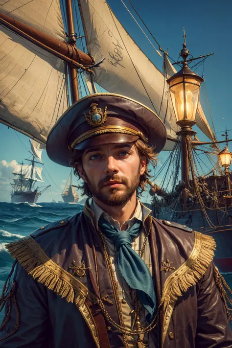 (masterpiece), (best quality:1.2), absurdres, intricate details, (highly detailed:1.2), <lora:add_detail_v5:1>
(1man, muscular adult ukrainian male:1.2), aquamarine eyes, brown hair, straight hair,
portrait, solo, half shot, looking at viewer, detailed background, detailed face, (<lora:GasLightPunkAIv3:0.5>, GasLampFantasyAI theme:1.1), ship captain, calm, dark orange naval uniform, bicorn hat, flag, in port, sails, rigging, ship's bell, ocean waves on the horizon, overcast, epic atmosphere,
<lora:graphicNovelStyle_v10:0.2>,