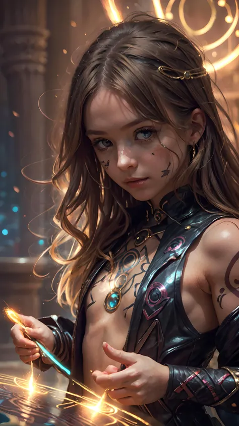 (AS-YoungerV2: 1.3), blonde girl, cute, beautiful, long messy hair, big hair, , light brown eyes, tribal tattoos on skin, realistic, ((masterpiece)), ((best quality)), (detailed), cinematic, dynamic lighting, soft shadow, detailed background, professional photography, depth of field, intricate subsurface scattering, realistic hair,cyberwizard girl,magic circle<lora:Concept - Cyber Wizard:0.6> , blue glowing rings