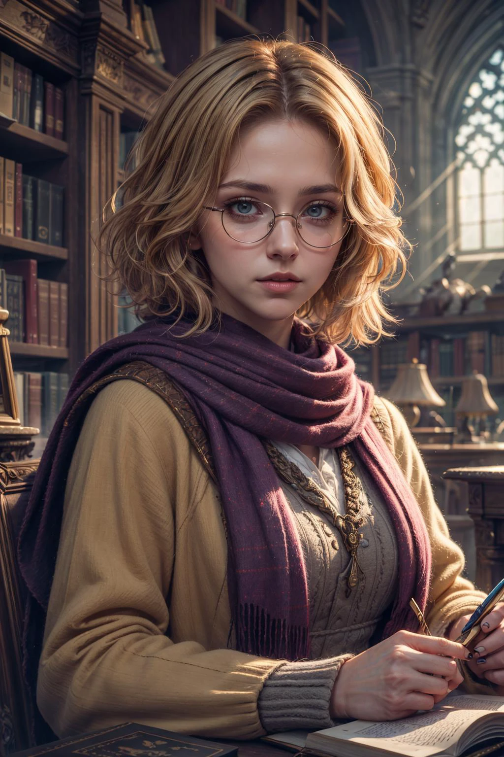 (masterpiece), (best quality:1.2), absurdres, intricate details, (highly detailed:1.2), dramatic lighting, <lora:add_detail_v5:1>
1 girl, adult (elven:0.7) woman, purple eyes, blonde razor cut hair,
portrait, looking at viewer, solo, (full body:0.6), detailed background, detailed face, (Hogwarts theme:1.1), hogwarts student, adventurous, (hufflepuff :1.1), scarf, glasses, dynamic pose, library in background, cinematic atmosphere, backlighting, dim lighting,
<lora:fantasy00d:0.3>,
