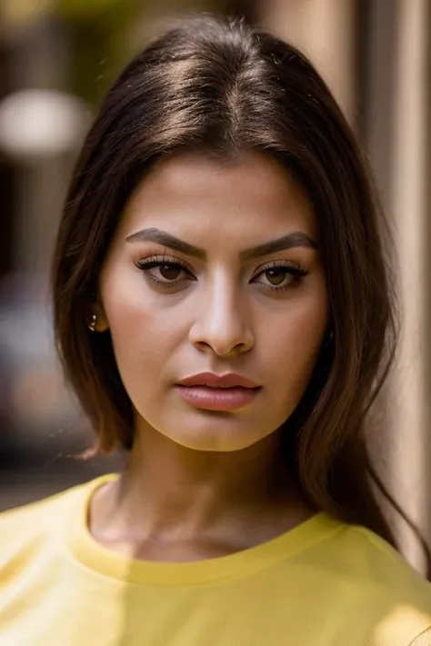 Realistic photo of a beautiful s0ph14l-v2 woman,1girl, solo, brown hair, shirt, long sleeves, brown eyes, yellow eyes, upper body, blurry, lips, eyelashes, blurry background, head rest, realistic, nose, hand on own chin, soft lighting, professional Photography, Photorealistic, detailed, RAW, analog, sharp focus, 8k, HD, DSLR, high quality, Fujifilm XT3, film grain, award winning, masterpiece<lora:s0ph14l-v2:1.0>