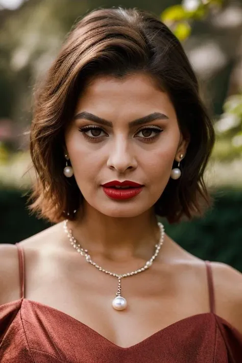 Realistic photo of a beautiful s0ph14l-v2 woman,1girl, solo, looking at viewer, short hair, brown hair, dress, jewelry, upper body, earrings, necklace, lips, makeup, lipstick, realistic, red lips, pearl necklace, photo background, soft lighting, professional Photography, Photorealistic, detailed, RAW, analog, sharp focus, 8k, HD, DSLR, high quality, Fujifilm XT3, film grain, award winning, masterpiece<lora:s0ph14l-v2:1.0>