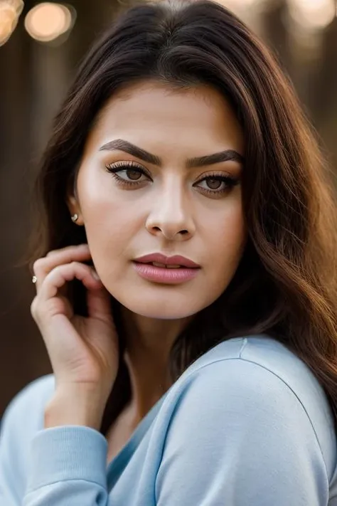 Realistic photo of a beautiful s0ph14l-v2 woman,1girl, solo, brown hair, shirt, long sleeves, brown eyes, yellow eyes, upper body, blurry, lips, eyelashes, blurry background, head rest, realistic, nose, hand on own chin, soft lighting, professional Photography, Photorealistic, detailed, RAW, analog, sharp focus, 8k, HD, DSLR, high quality, Fujifilm XT3, film grain, award winning, masterpiece<lora:s0ph14l-v2:1.0>