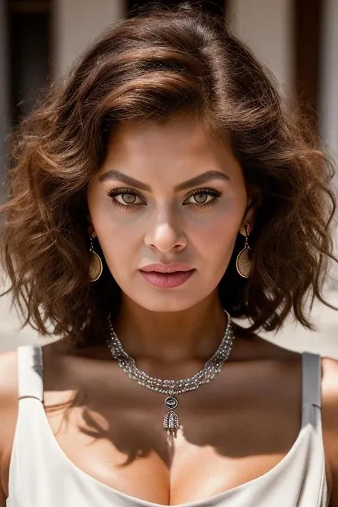 Realistic photo of a beautiful s0ph14l-v2 woman, 1girl, solo, breasts, looking at viewer, short hair, brown hair, dress, cleavage, brown eyes, jewelry, medium breasts, upper body, red hair, earrings, necklace, white dress, lips, gradient background, makeup, curly hair, realistic, nose, afro, soft lighting, professional Photography, Photorealistic, detailed, RAW, analog, sharp focus, 8k, HD, DSLR, high quality, Fujifilm XT3, film grain, award winning, masterpiece<lora:s0ph14l-v2:1.0>