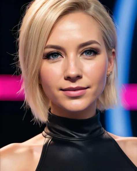 best quality (raw:1.1) photo of (blonde Rach3lr1l3y01:0.99), ((television makeup:1.2)), (high neck halter dress:1.2), ((at a tv game show:1.2)), (closeup:1.2:1.2), RAW candid cinema, 16mm, color graded portra 400 film, remarkable color, ultra realistic, textured skin, remarkable detailed pupils, realistic dull skin noise, visible skin detail, skin fuzz, dry skin, shot with cinematic camera, detailed skin texture, (blush:0.2), (goosebumps:0.3), subsurface scattering