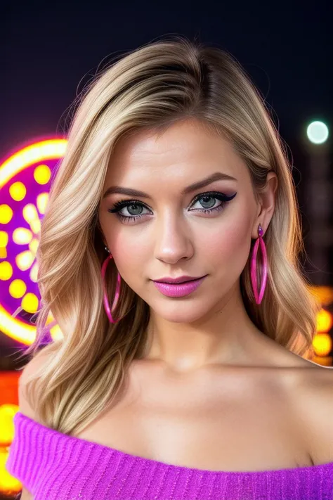 ((Selfie:1.1)), best quality (raw:1.1) photo of (Rach3lR1l3y04-300:0.99), ((club makeup:1.2)), a woman as a model, modelshoot style, (extremely detailed 8k wallpaper), photo of the most beautiful photograph in the world, Intricate, High Detail, Sharp focus, dramatic, (at night:1.2), (dimly lit), (neon lights:1.2), (carnival:1.1), (makeup:1.1), ((ferris wheel in background)), ((off the shoulder sweater:1.2)), (looking at viewer:1.3), (detailed pupils:1.3), (modern outfit:1.2), (closeup), (earrings), <lora:LowRa_2:0.4>