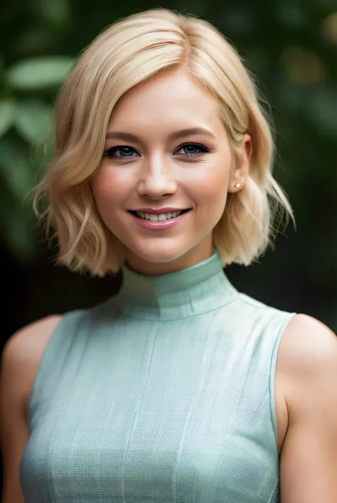best quality raw photography of (blonde Rach3lr1l3y01:0.99), (short bob hair), wearing a (high neck dress:1.1), (smiling:1.1),, RAW candid cinema, 16mm, color graded portra 400 film, remarkable color, ultra realistic, textured skin, remarkable detailed pupils, realistic dull skin noise, visible skin detail, skin fuzz, dry skin, shot with cinematic camera, detailed skin texture, (blush:0.5), (goosebumps:0.5), subsurface scattering