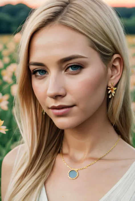 best quality (raw:1.1) photo of (blonde Rach3lr1l3y01:0.99), ((subtle makeup:1.2)), (tied back hair), (summer dress:1.2), ((standing in a field of flowers:1.2)), (closeup:1.2), (sun setting), golden necklace, (golden earrings:1.1), RAW candid cinema, 16mm, color graded portra 400 film, remarkable color, ultra realistic, textured skin, remarkable detailed pupils, realistic dull skin noise, visible skin detail, skin fuzz, dry skin, shot with cinematic camera, detailed skin texture, (blush:0.2), (goosebumps:0.3), subsurface scattering, <lora:add_detail:0.9>