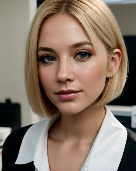 best quality (raw:1.1) photo of (blonde Rach3lr1l3y01:0.99), (short bob hair), ((club makeup:1.2)), (office shirt:1.2), ((office attire:1.2)), RAW candid cinema, 16mm, color graded portra 400 film, remarkable color, ultra realistic, textured skin, remarkable detailed pupils, realistic dull skin noise, visible skin detail, skin fuzz, dry skin, shot with cinematic camera, detailed skin texture, (blush:0.2), (goosebumps:0.3), subsurface scattering
