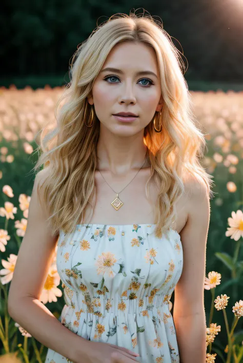 best quality (raw:1.1) photo of (blonde Rach3lr1l3y01:0.99), ((subtle makeup:1.2)), (summer dress:1.2), ((standing in a field of flowers:1.2)), (closeup:1.2), (sun setting), golden necklace, (golden earrings:1.1), RAW candid cinema, 16mm, color graded portra 400 film, remarkable color, ultra realistic, textured skin, remarkable detailed pupils, realistic dull skin noise, visible skin detail, skin fuzz, dry skin, shot with cinematic camera, detailed skin texture, (blush:0.2), (goosebumps:0.3), subsurface scattering, <lora:add_detail:1.2>