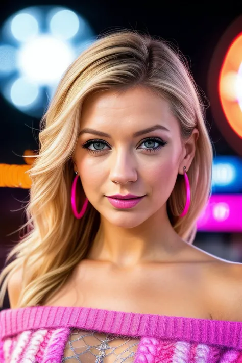 ((Selfie:1.1)), best quality (raw:1.1) photo of (Rach3lR1l3y04-300:0.99), ((club makeup:1.2)), a woman as a model, modelshoot style, (extremely detailed 8k wallpaper), photo of the most beautiful photograph in the world, Intricate, High Detail, Sharp focus, dramatic, (at night:1.2), (dimly lit), (neon lights:1.2), (carnival:1.1), (makeup:1.1), ((ferris wheel in background)), ((off the shoulder sweater:1.2)), (looking at viewer:1.3), (detailed pupils:1.3), (modern outfit:1.2), (closeup), (earrings),  <lora:LowRa_2:0.4>
