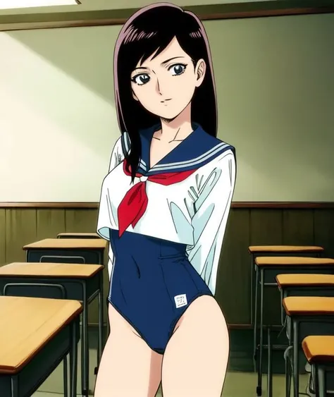 classroom,solo,looking at viewer,standing,blue one-piece swimsuit,cowboy shot,school uniform, serafuku, 
<lyco:Tsubomi_V2:0.8> <lyco:GoodHands-beta2:1>,