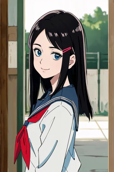 <lyco:Tsubomi_V2:0.7>,
(best quality, masterpiece, RAW photo,ultra-detailed:1.2), <lyco:GoodHands-beta2:1.0>,1girl,solo,looking at viewer,smile long straight black hair,
serafuku, school uniform, hair clip, right side parted hair, front view,