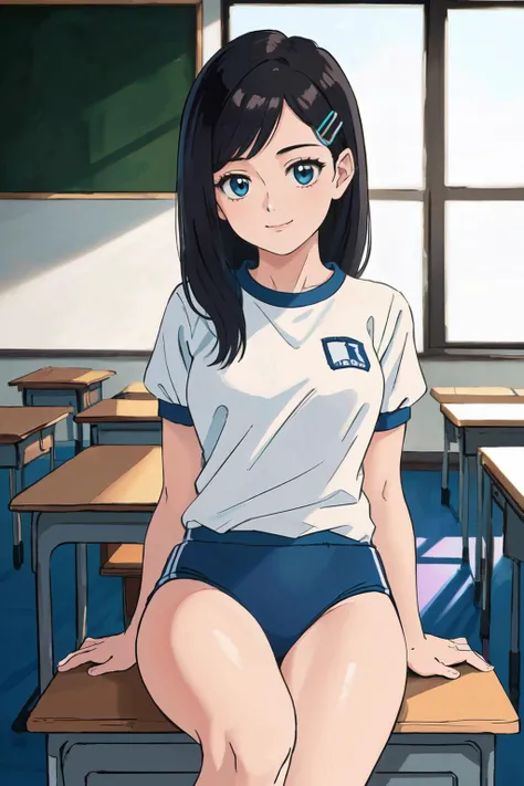 <lyco:Tsubomi_V2:0.7>,
(best quality, masterpiece, RAW photo,ultra-detailed:1.2), <lyco:GoodHands-beta2:1.0>,1girl,solo,looking at viewer,smile long straight black hair,
gym uniform, hair clip, side parted hair, front view, from below, sitting, classroom
