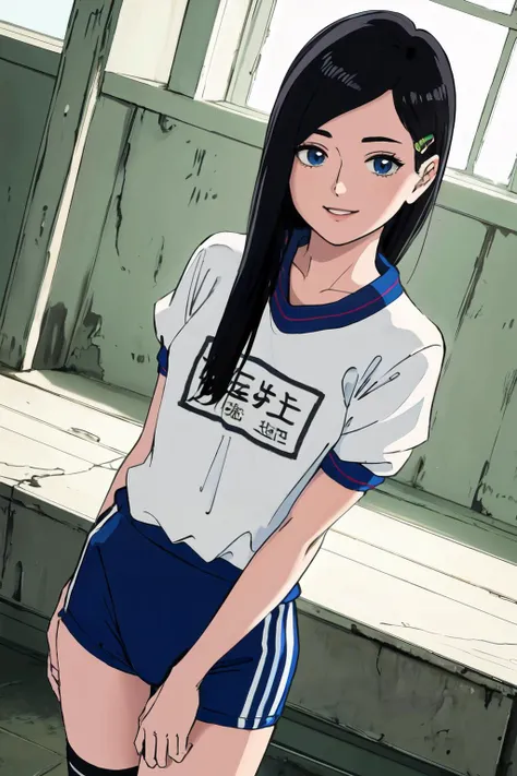 <lyco:Tsubomi_V2:0.8>,
(best quality, masterpiece, RAW photo,ultra-detailed:1.2), <lyco:GoodHands-beta2:1.0>,1girl,solo,looking at viewer,smile long straight black hair,
gym uniform, hair clip, parted hair, front view,