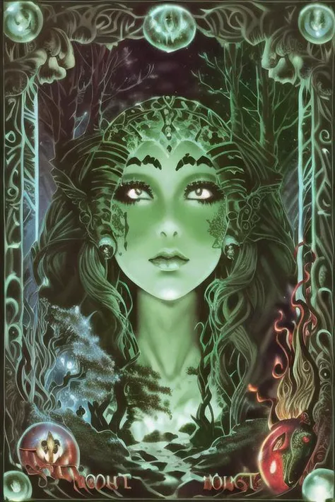 woman in a mythical forest, masterpiece, perfect face, intricate details, horror theme <lora:airbrush surrealism:1> airbrush surrealism