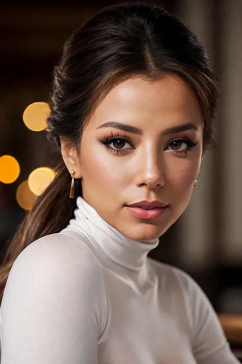 photo of extremely sexy (long0r1a-140:0.99), a woman as a sexy student, closeup portrait upsweep updo, (white tight long sleeve turtleneck top), at a cantina sitting bar (masterpiece:1.5) (photorealistic:1.1) (bokeh) (best quality) (detailed skin texture pores hairs:1.1) (intricate) (8k) (HDR) (wallpaper) (cinematic lighting) (sharp focus), (eyeliner), (painted lips:1.2), (earrings)