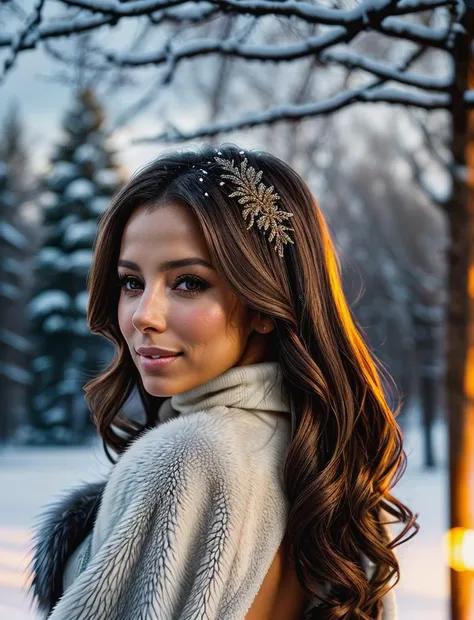 beautiful woman ( long0r1a:.99), beautiful hair, winter lodge, elegant, snowing, natural skin texture, (fashionable fur coat), (turtleneck), sunset, cute smile, (Looking back over shoulder), 24mm, 4k textures, soft cinematic light, adobe lightroom, photolab, hdr, intricate, elegant, highly detailed, sharp focus, ((((cinematic look)))), soothing tones, insane details, intricate details, hyperdetailed, low contrast, soft cinematic light, exposure blend, hdr, faded<lora:more_details:.6> <lora:wowifierV3:.6>